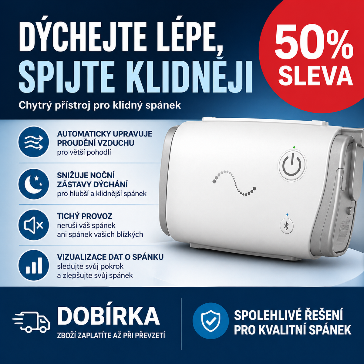 Domácí ventilátor, plně automatické inteligentní nastavení tlaku, neinvazivní přístroj pro spánkovou terapii, tichý design
